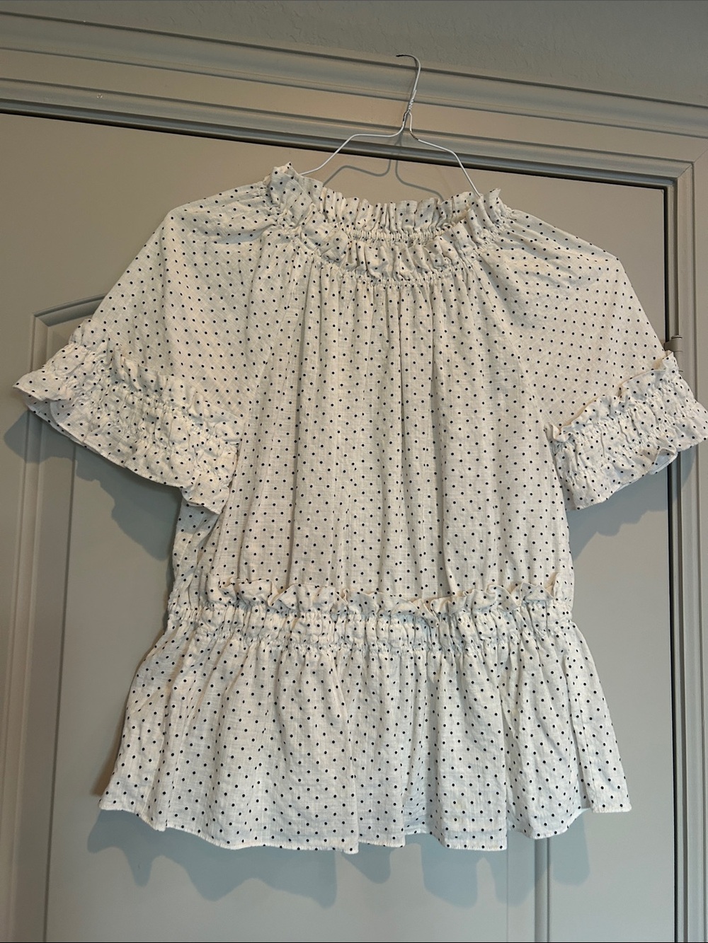 La Vie by Rebecca Taylor White Polka Dot zoo-Shoulder Cotton/Rayon Top